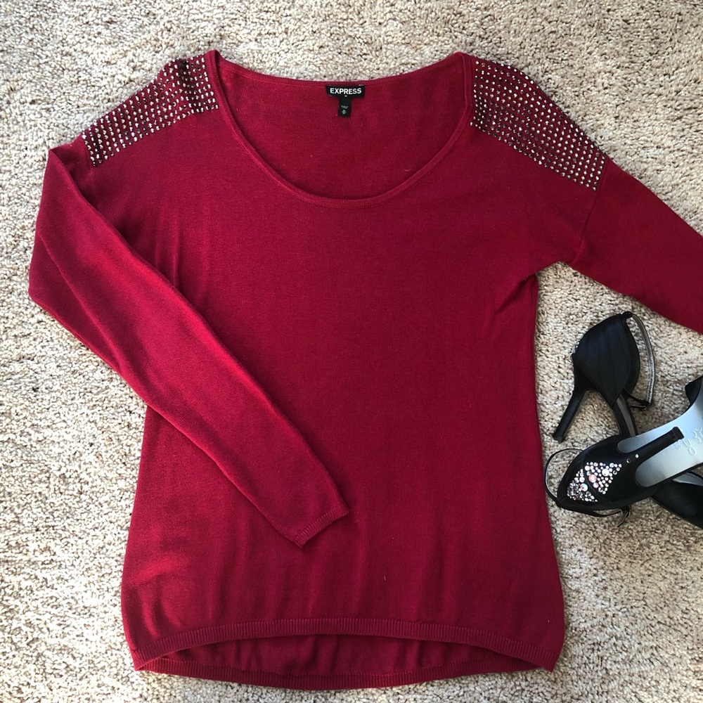 Express red sweater with rhinestone embellishments